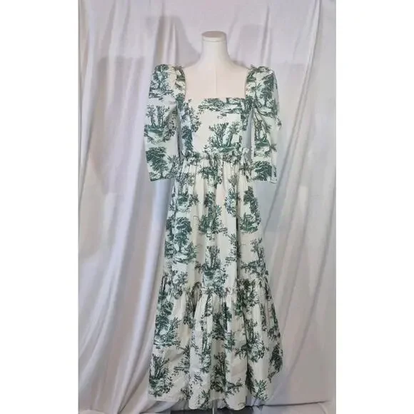 Cara Cara Green Hill Toile De Jouy Midi Dress US 2 LN Womens